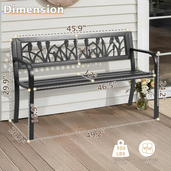 Outdoor Metal Patio Bench with Floral Backrest