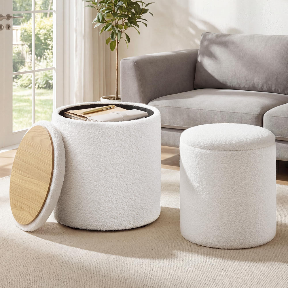 Round Storage Ottoman Set of 2 with Removable Lid