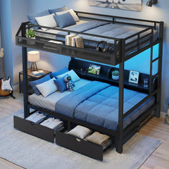 Queen Over Queen Bunk Bed with Storage Drawers, LED Lights & Charging Station