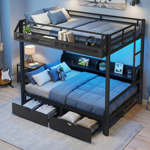 Queen Over Queen Bunk Bed with Storage Drawers, LED Lights & Charging Station