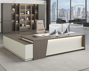 L-Shaped Executive Desk with Drawers & LED Lighting