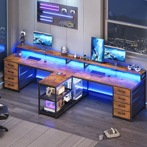 94.5" 2-Person Desk with Drawers, LED Lights, Monitor Stand & Power Strip