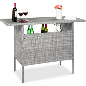 Outdoor Wicker Bar Counter Table with Steel Shelves & Wine Glass Racks