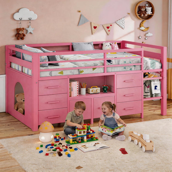 Twin Low Loft Bed with 8 Storage Drawers & Bookcase