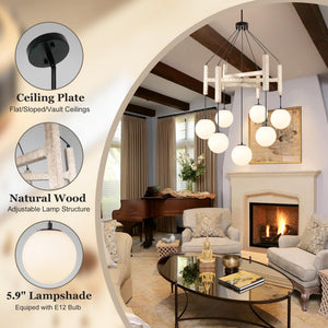 Wood & Glass Farmhouse Chandelier – 7-Light Dining Room Pendant