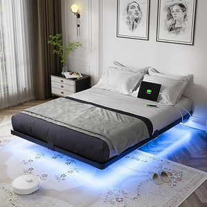Floating Bed Frame with LED Lights & Charging Station