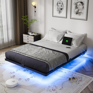 Floating Bed Frame with LED Lights & Charging Station