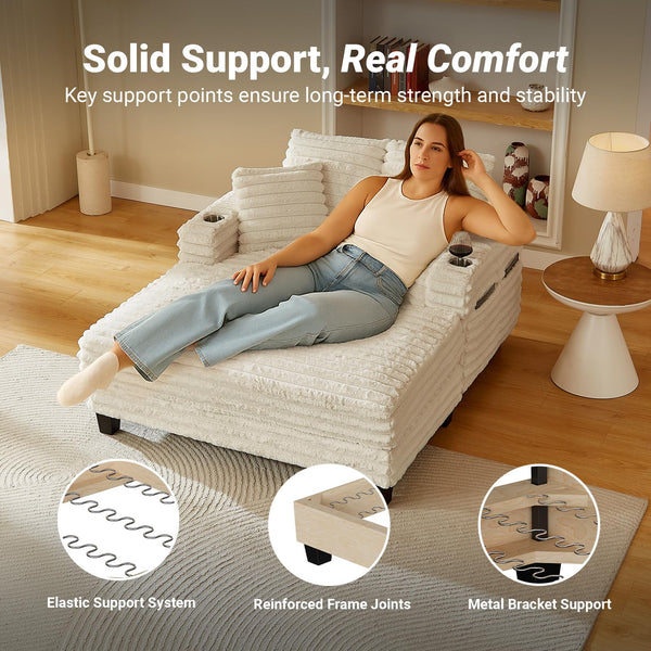 Oversized Chaise Lounge Chair with Wood Frame & Storage