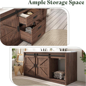 60" Farmhouse Bathroom Double Vanity with Integrated Sink & Sliding Barn Door