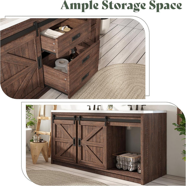 60" Farmhouse Bathroom Double Vanity with Integrated Sink & Sliding Barn Door
