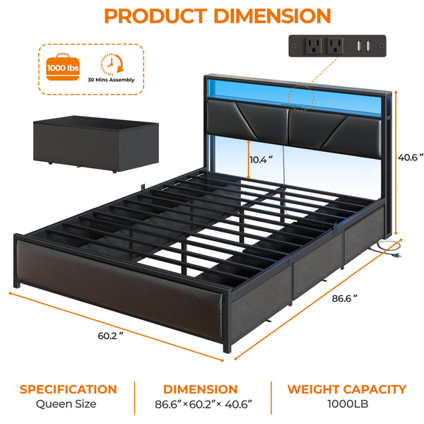 Queen & Full Platform Bed with Storage Headboard, LED Lights & Charging Station