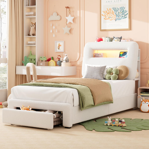Twin Platform Bed Frame with LED Light, Charging Station, Storage Headboard & Drawer