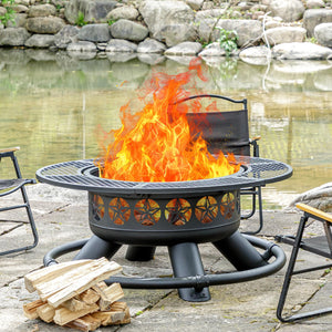 47-Inch Round Wood Burning Fire Pit Table with Grill