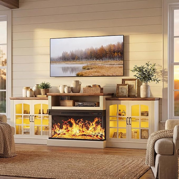97" Fireplace TV Stand with 36" 3-Sided Glass Electric Fireplace