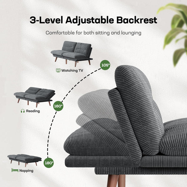 66-Inch Convertible Futon Sofa Bed with Adjustable Backrest & Armrests – Corduroy Loveseat