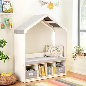 Kids Reading Nook with Storage Bench, Cubbies & Fabric Bins