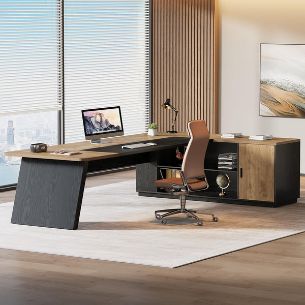 L-Shaped Executive Desk with Cabinet and Storage Shelves