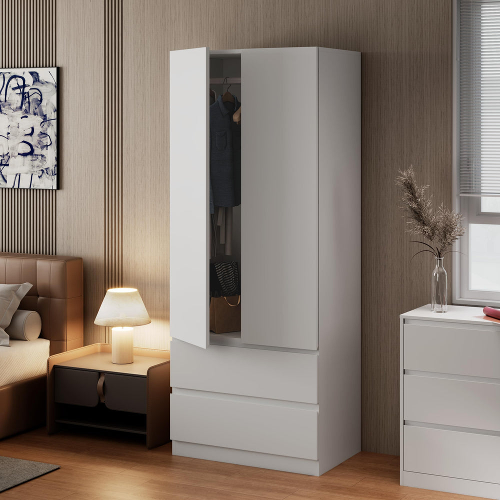 White Armoire Wardrobe with Drawers & Hanging Rod
