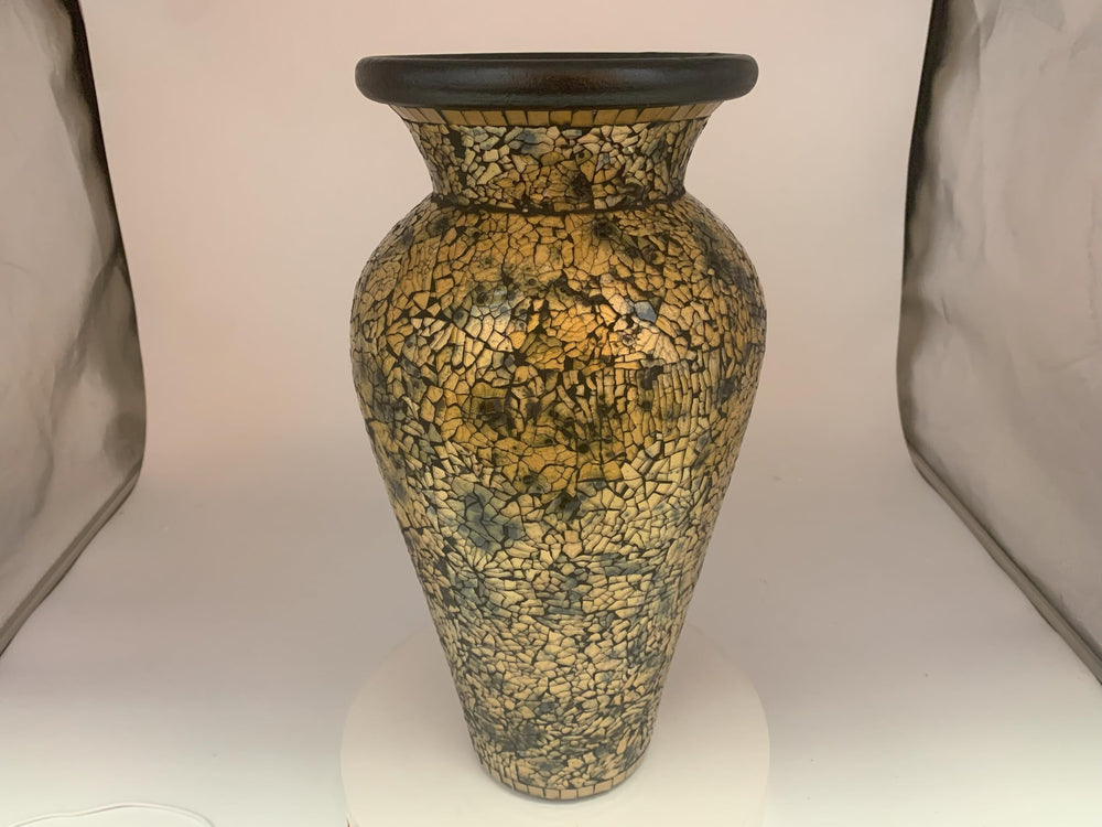 18 Inch Tall Mosaic Floor Vase – Crackled Gold & Black Terracotta Cylinder
