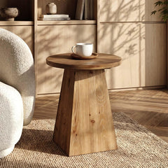 Round Solid Wood End Table with Trapezoid Base