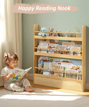 Kids Wall-Mount Bookshelf – 3-Tier Solid Pine, Bohemian