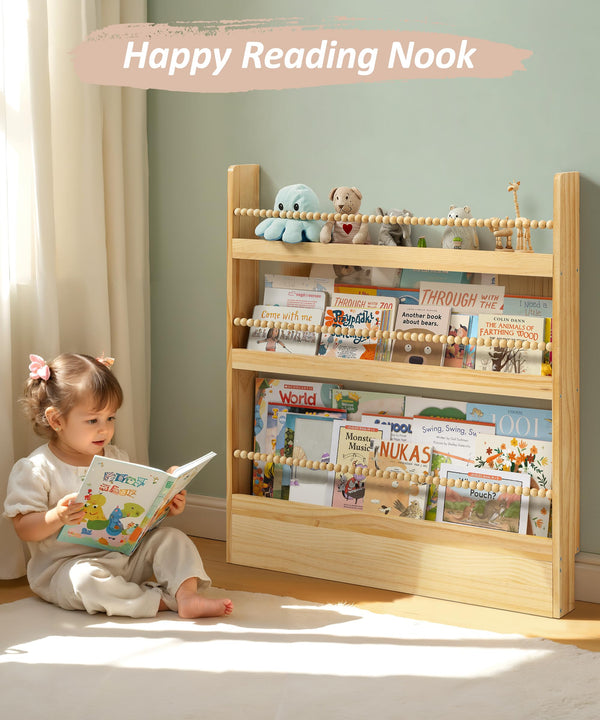 Kids Wall-Mount Bookshelf – 3-Tier Solid Pine, Bohemian