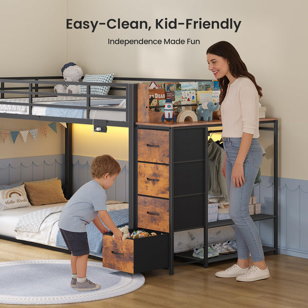 Twin Over Twin Low Bunk Bed with Storage & RGB Lights