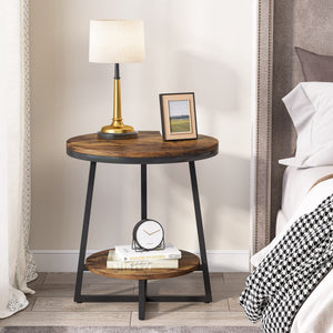 2-Tier Round Industrial End Table with Storage Shelf