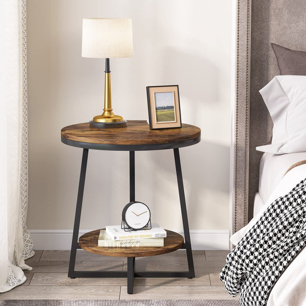 2-Tier Round Industrial End Table with Storage Shelf