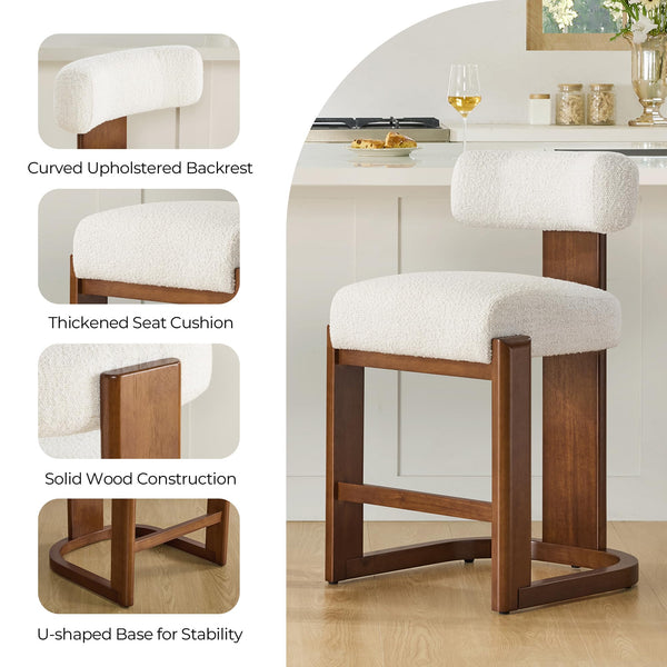 Modern Boucle Counter Height Bar Stools Set of 2 with Wood Legs