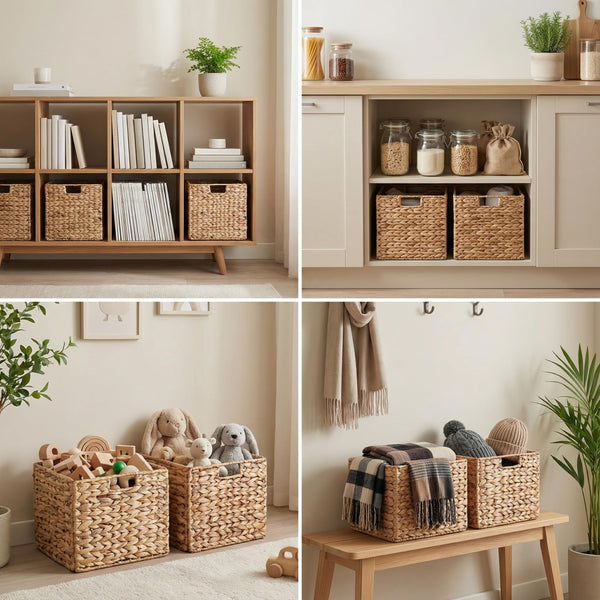 Foldable Water Hyacinth Storage Baskets for Cube Shelves – Set of 4