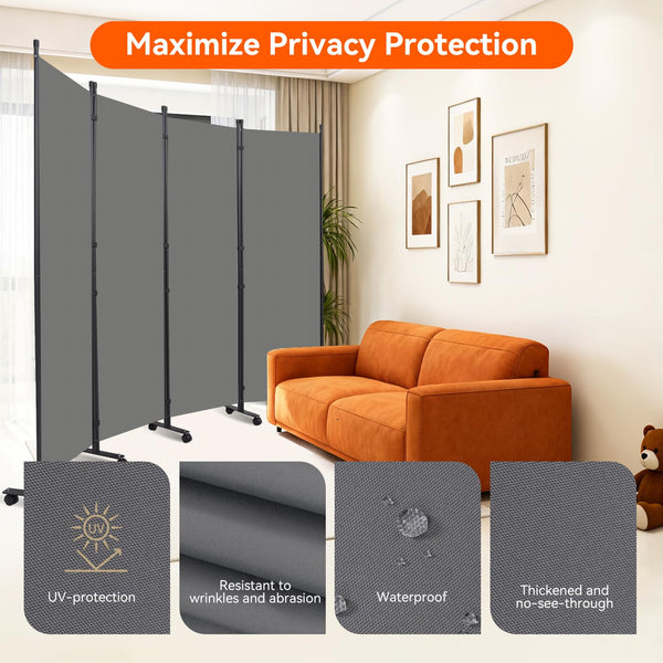 4-Panel Foldable Room Divider with Wheels