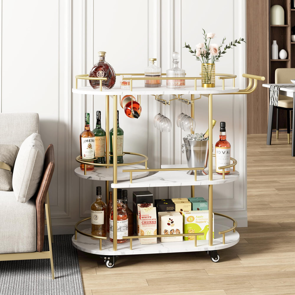3-Tier Gold Bar Cart with Wine Rack & Glass Holder