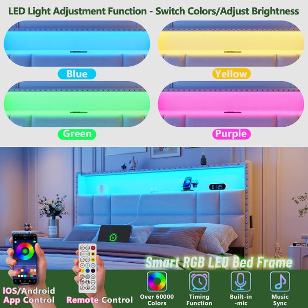 Upholstered Platform Bed Frame with Storage Drawers, LED Lights & Charging Station