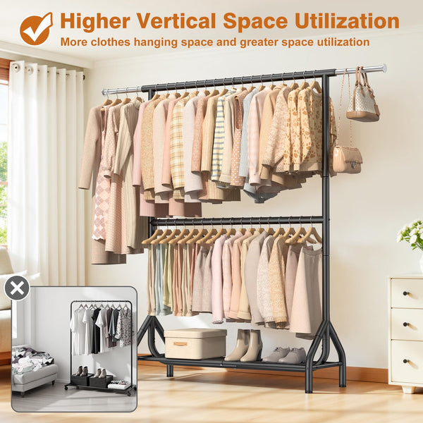 Double Rod Clothing Rack with Storage Shelves