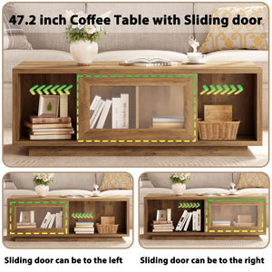 Rustic Wood Coffee Table with Sliding Door Storage