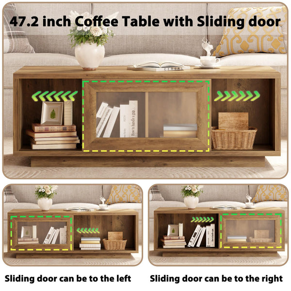 Rustic Wood Coffee Table with Sliding Door Storage