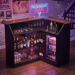 L-Shaped Home Bar Unit with LED Strip, Stemware Racks & Fridge Space – Black & Walnut