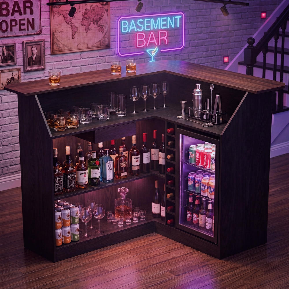 L-Shaped Home Bar Unit with LED Strip, Stemware Racks & Fridge Space – Black & Walnut