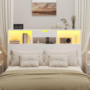Queen Size Bookcase Headboard with Storage, LED Lights & Charging Station
