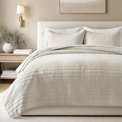 Cotton Quilt Set with Pillow Shams – Modern Stripe Coverlet