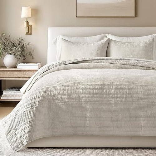 Cotton Quilt Set with Pillow Shams – Modern Stripe Coverlet