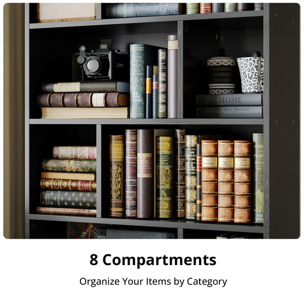Tall Bookcase with Doors & 8 Open Cubes – 4-Tier Storage Shelf
