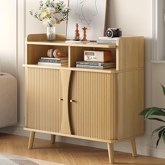 Buffet Sideboard Cabinet with Roller Shutter Sliding Doors & Adjustable Shelves