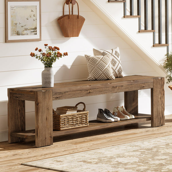 Solid Wood Entryway Bench with Storage Shelf, 55-Inch