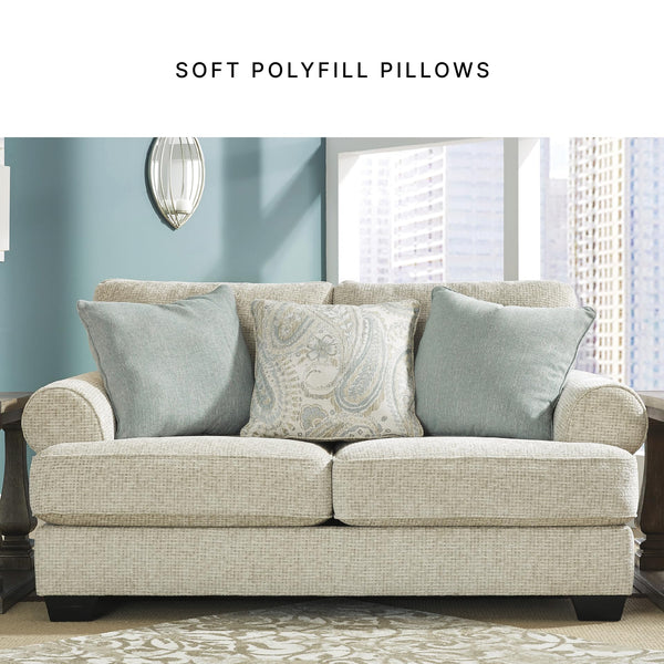 Beige Chenille Loveseat with Accent Pillows & Rolled Arms