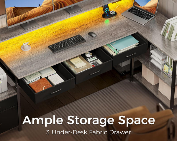 L-Shaped Desk with File Drawers, LED Lighting & Power Outlet