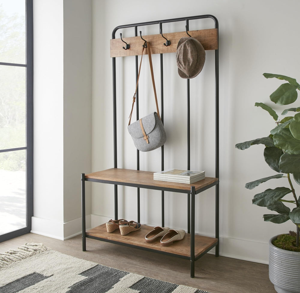 Hall Tree with Coat Rack, Hooks & 2 Bottom Storage Shelves