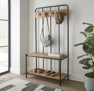 Hall Tree with Coat Rack, Hooks & 2 Bottom Storage Shelves