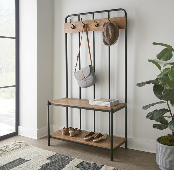 Hall Tree with Coat Rack, Hooks & 2 Bottom Storage Shelves
